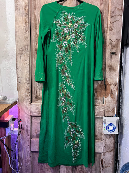 VTG 70's Green Beaded Slit Dress