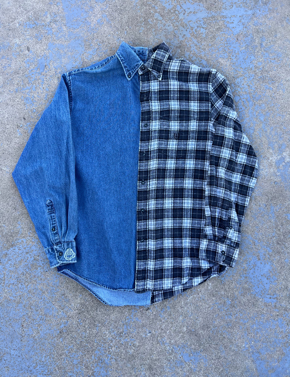 THRIFTDREVIVAL Denim + Plaid Two Tone Button Up