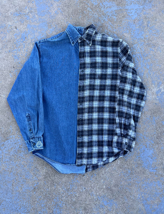 THRIFTDREVIVAL Denim + Plaid Two Tone Button Up