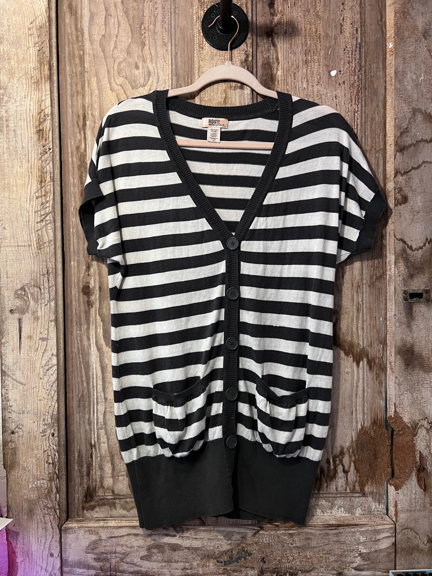 Y2K Route 66 BLK/WHT Striped Short Sleeve Cardigan