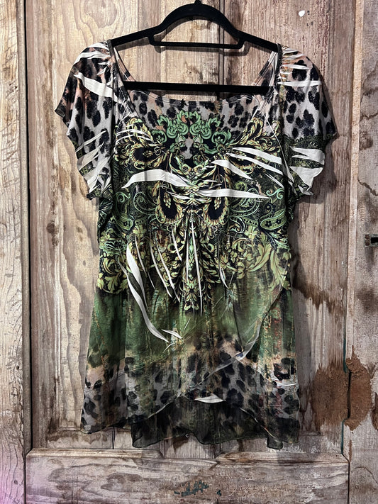 Y2K Green + Leopard Print Design Top