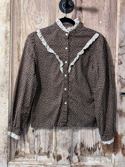 70's Brown Floral Ruffle Lace Long Sleeve Button Up Shirt