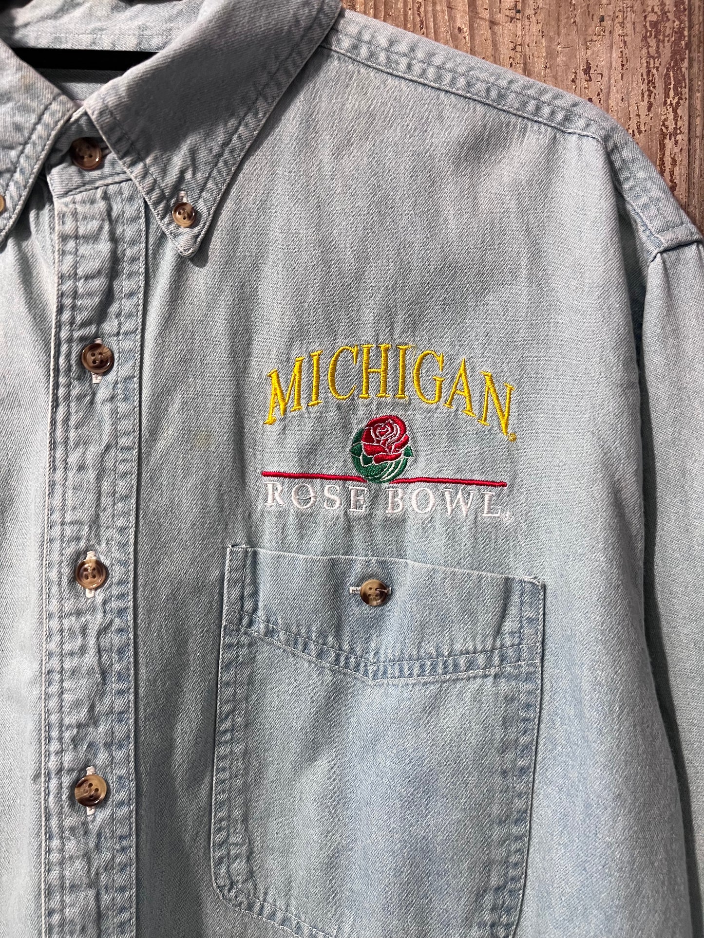 90's Michigan Rose Bowl Denim Button Up Shirt