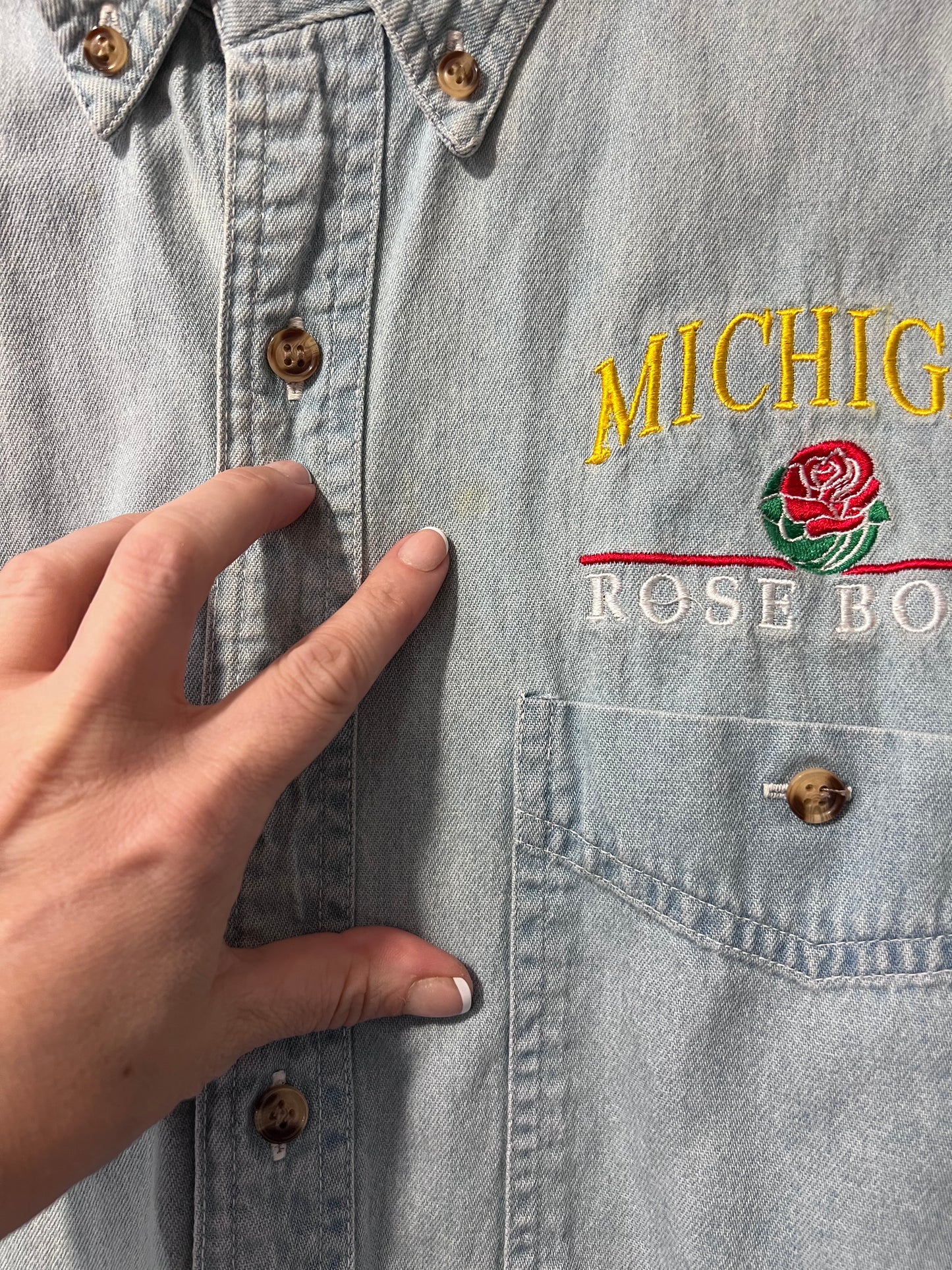 90's Michigan Rose Bowl Denim Button Up Shirt