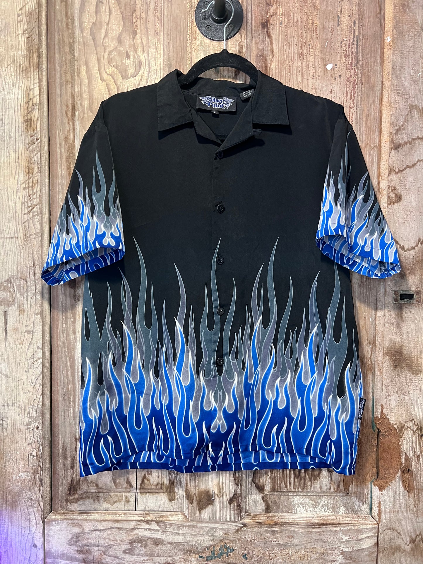 Y2K Silver Point Blue Flames Button Up Shirt