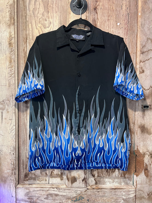 Y2K Silver Point Blue Flames Button Up Shirt