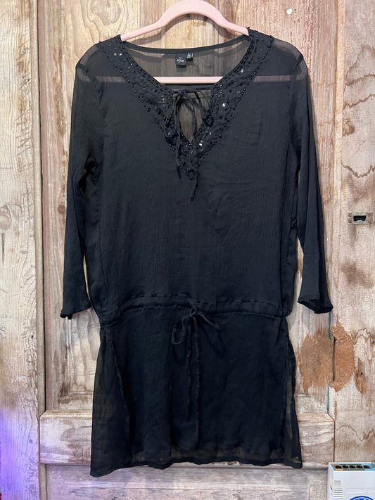 Y2K éShe Black Beaded Sheer Tie Top/Dress