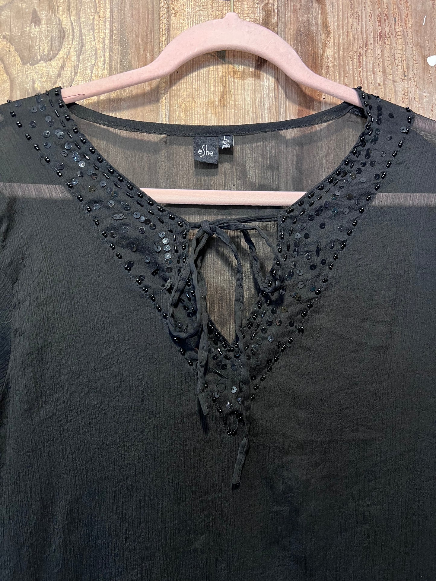 Y2K éShe Black Beaded Sheer Tie Top/Dress