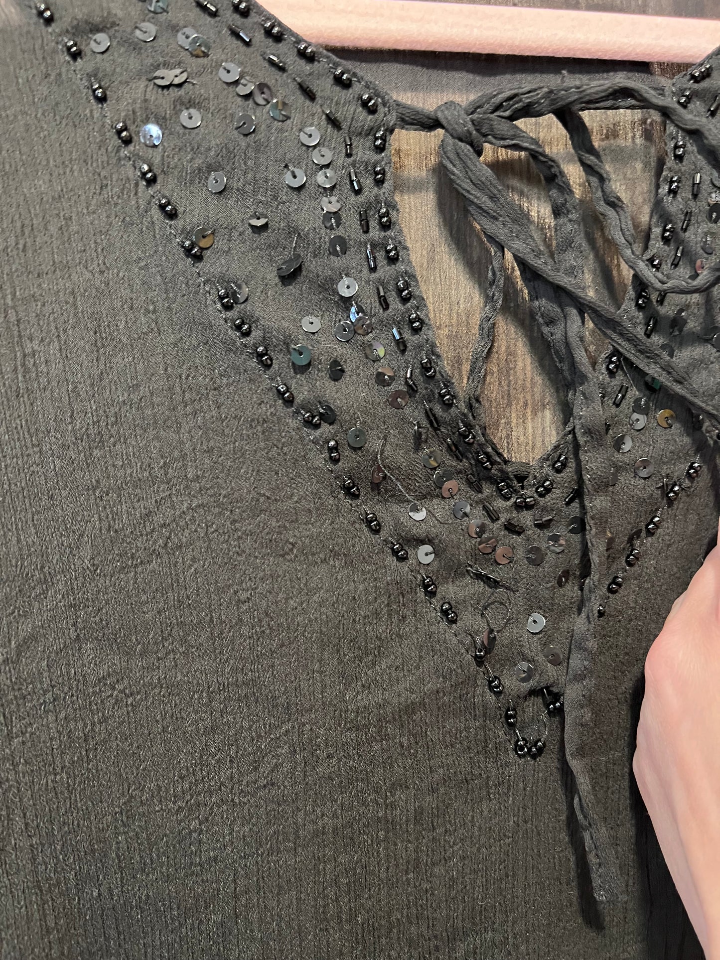 Y2K éShe Black Beaded Sheer Tie Top/Dress