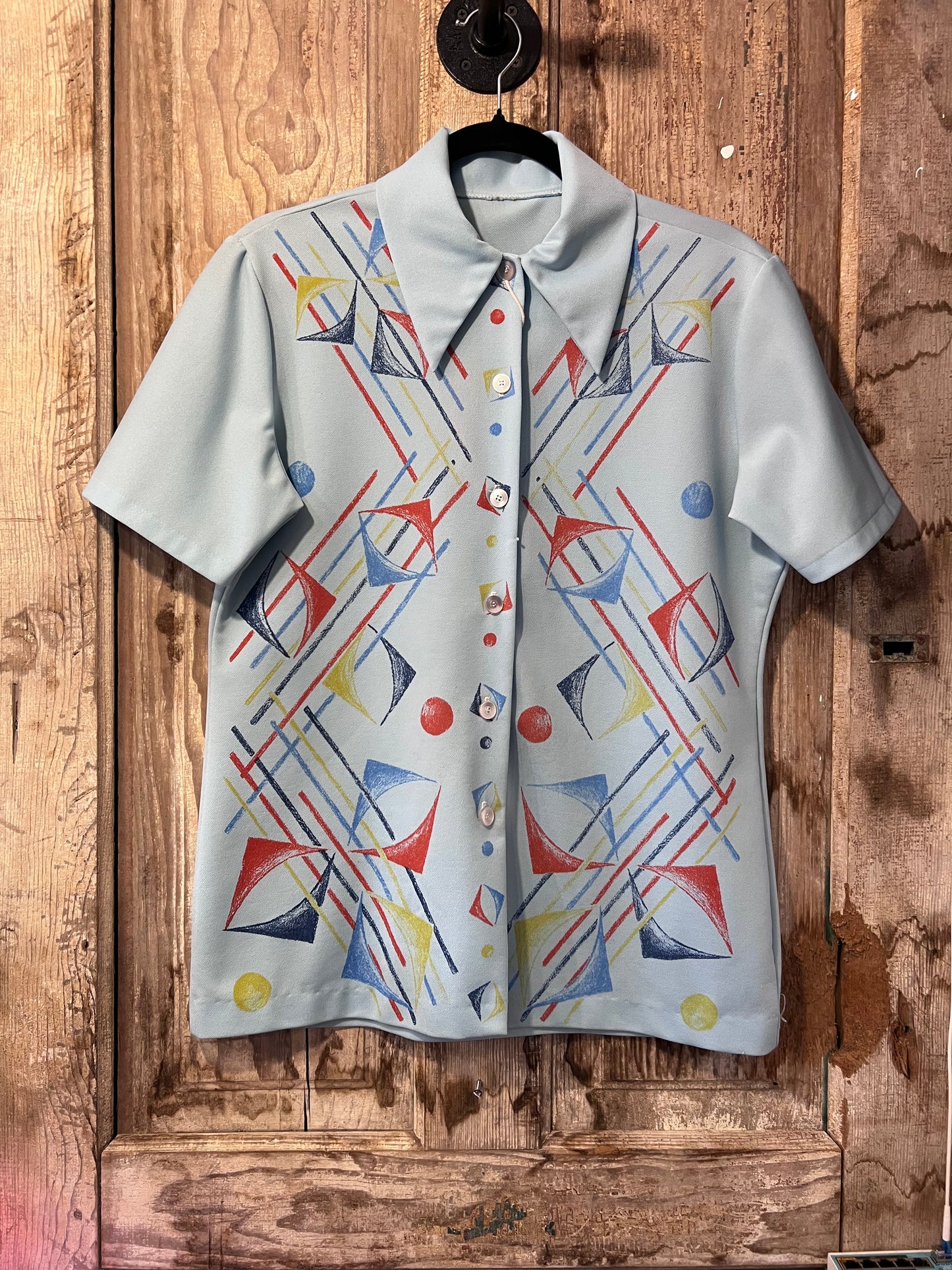 70's Baby Blue Patterned Button Up Shirt