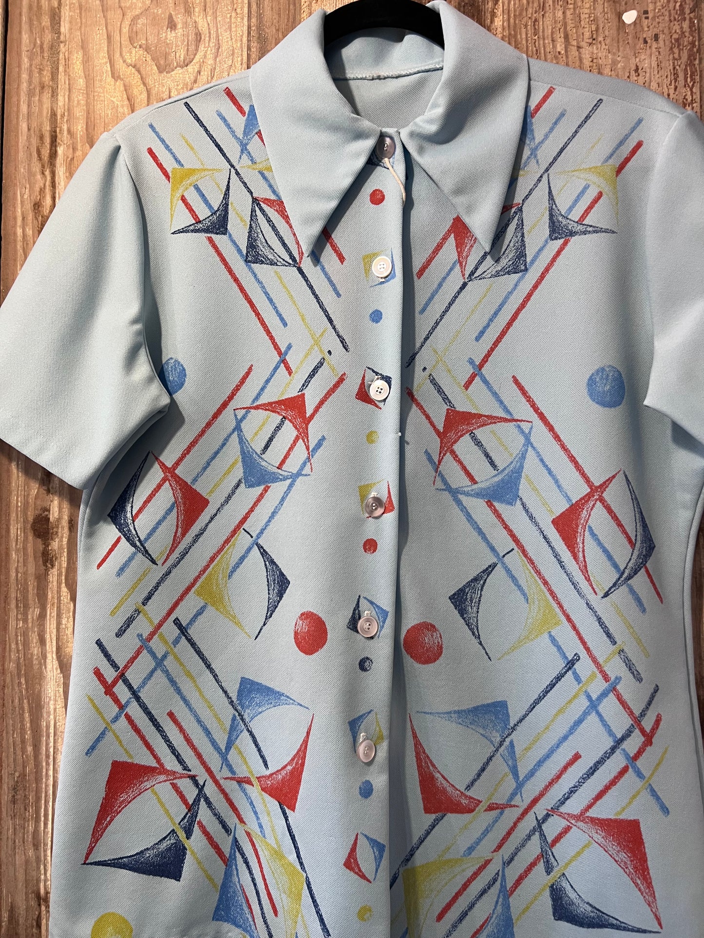 70's Baby Blue Patterned Button Up Shirt