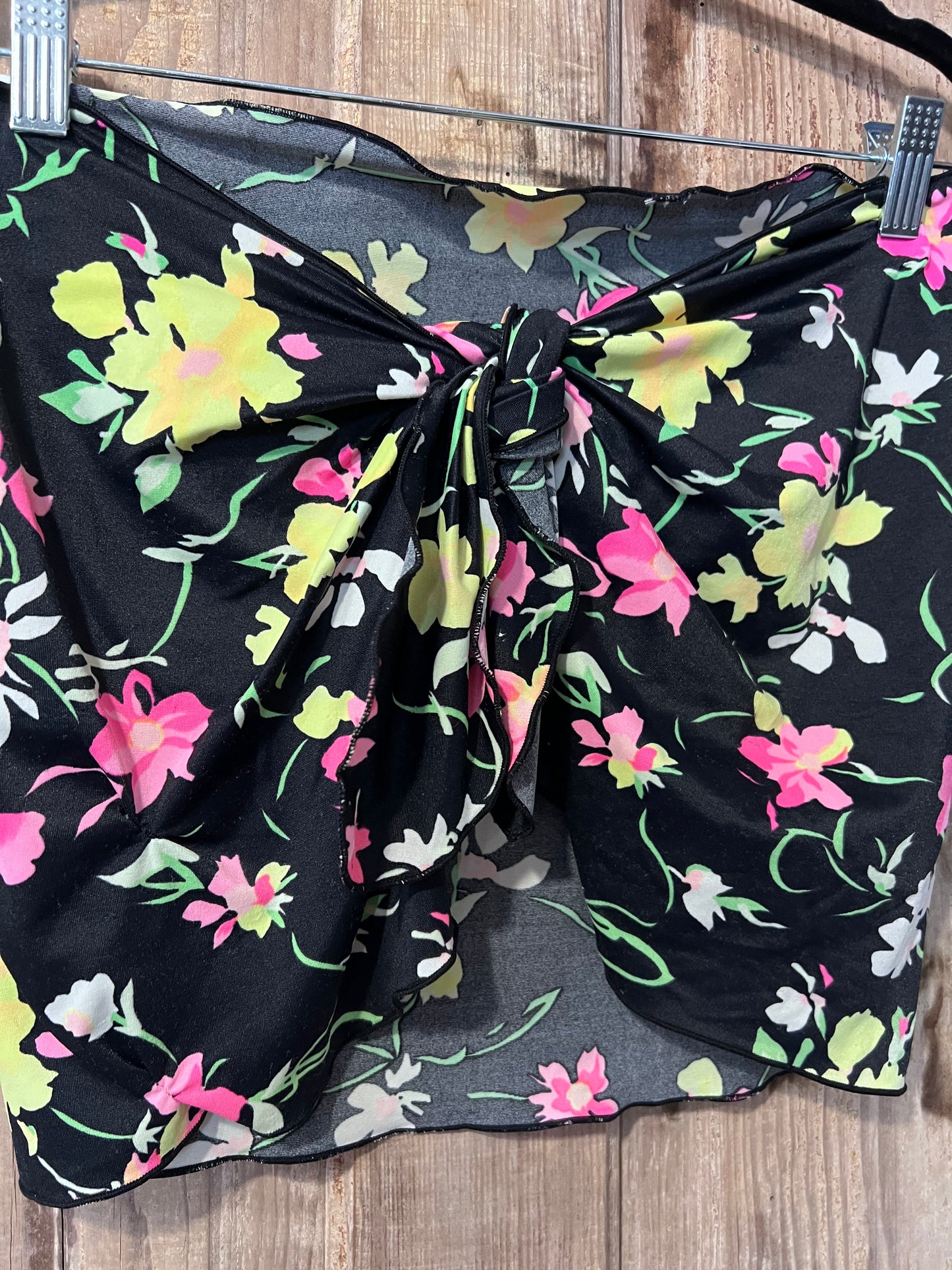 80's/90's Black Floral Swimsuit Cover Up Wrap Skirt