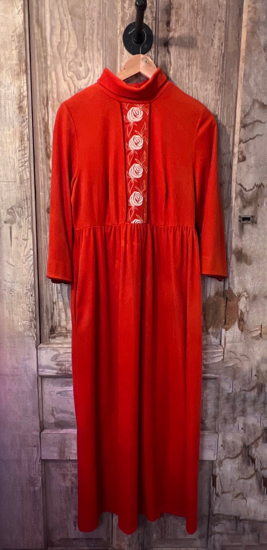 70's Orange Embroidered Front Velour Dress