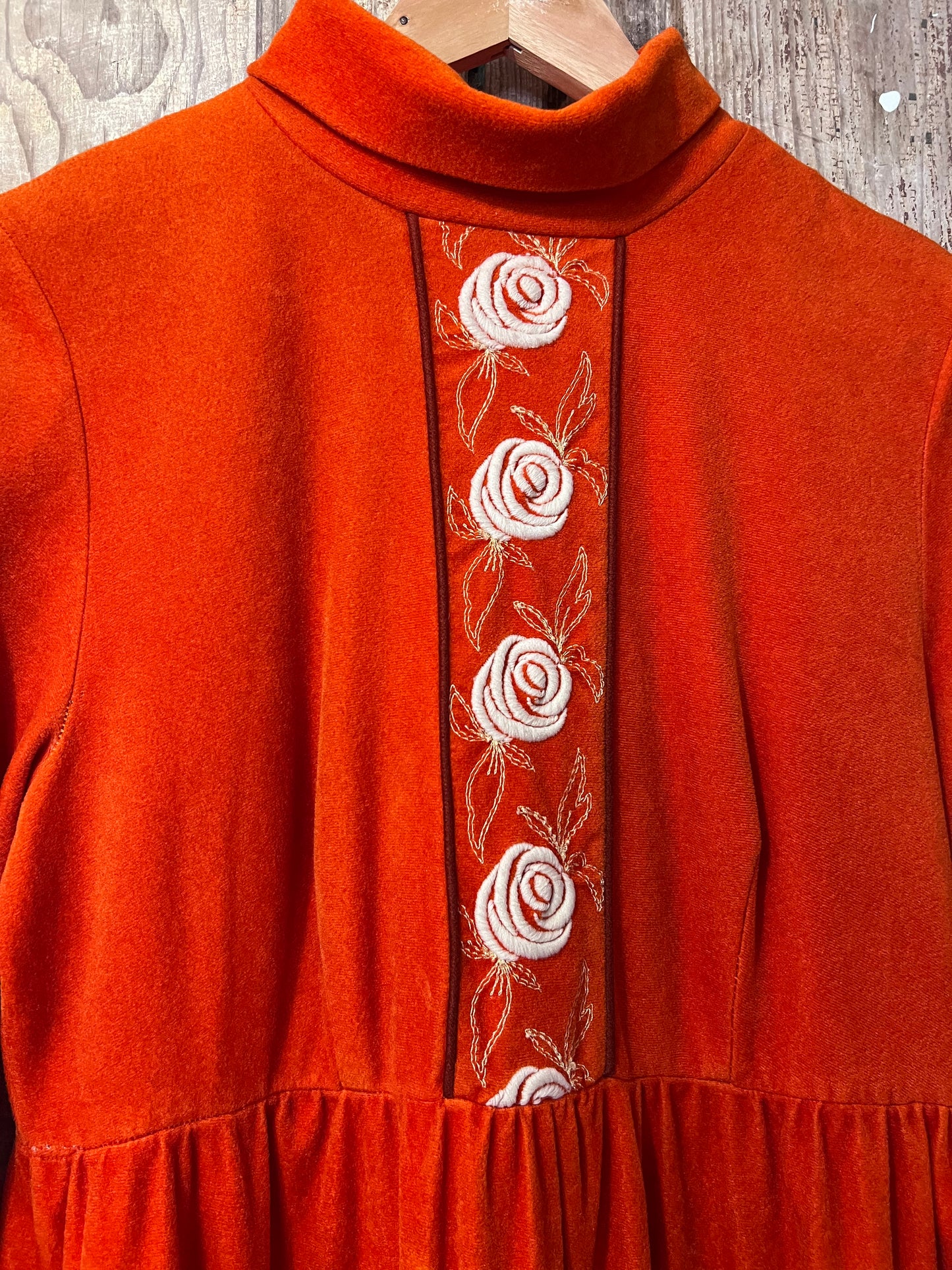 70's Orange Embroidered Front Velour Dress