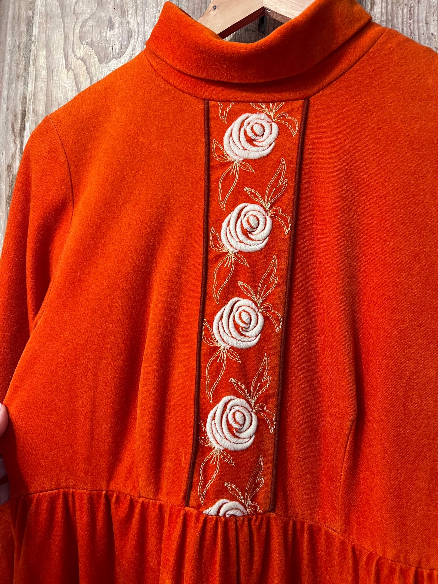 70's Orange Embroidered Front Velour Dress