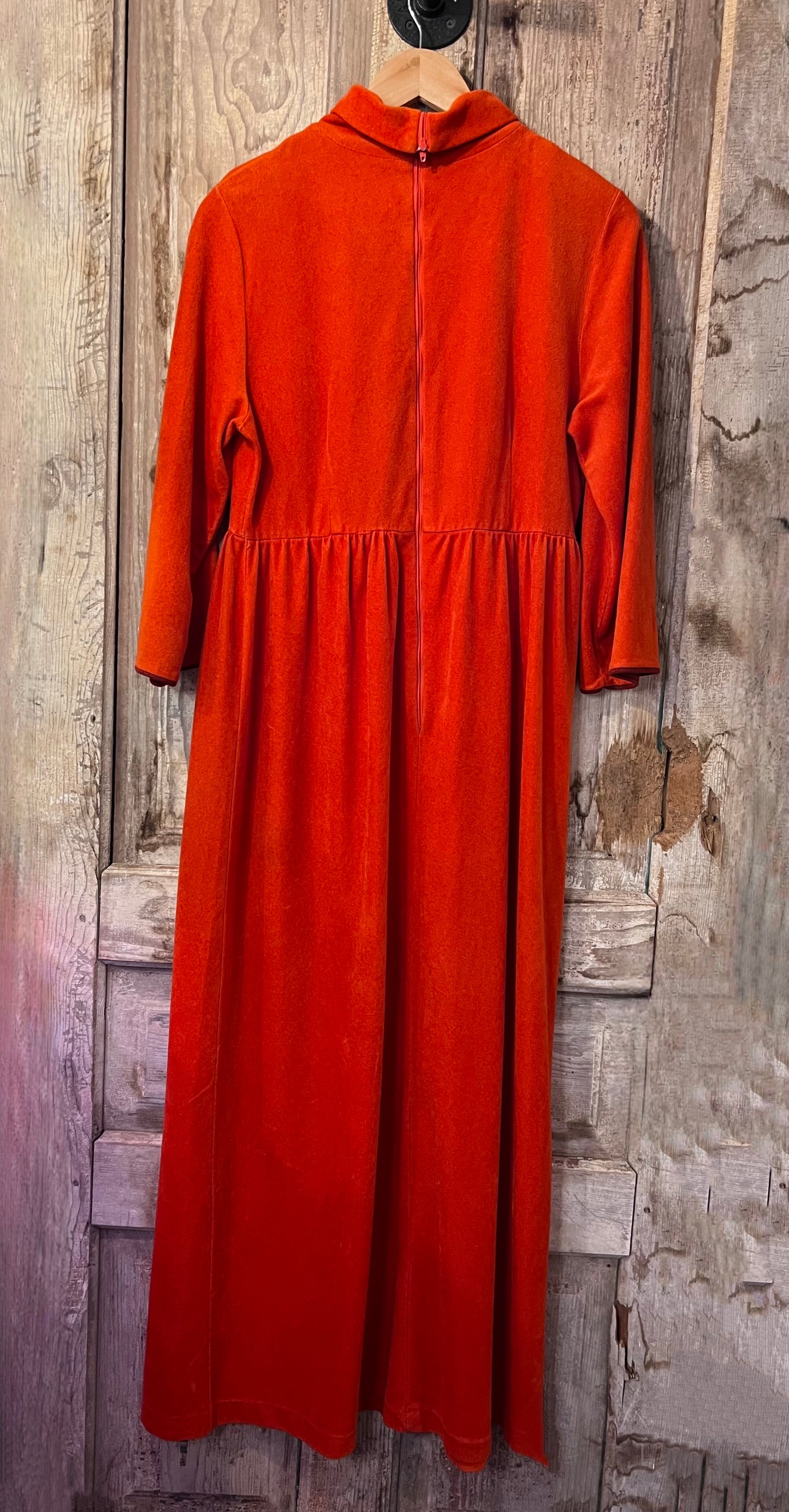70's Orange Embroidered Front Velour Dress