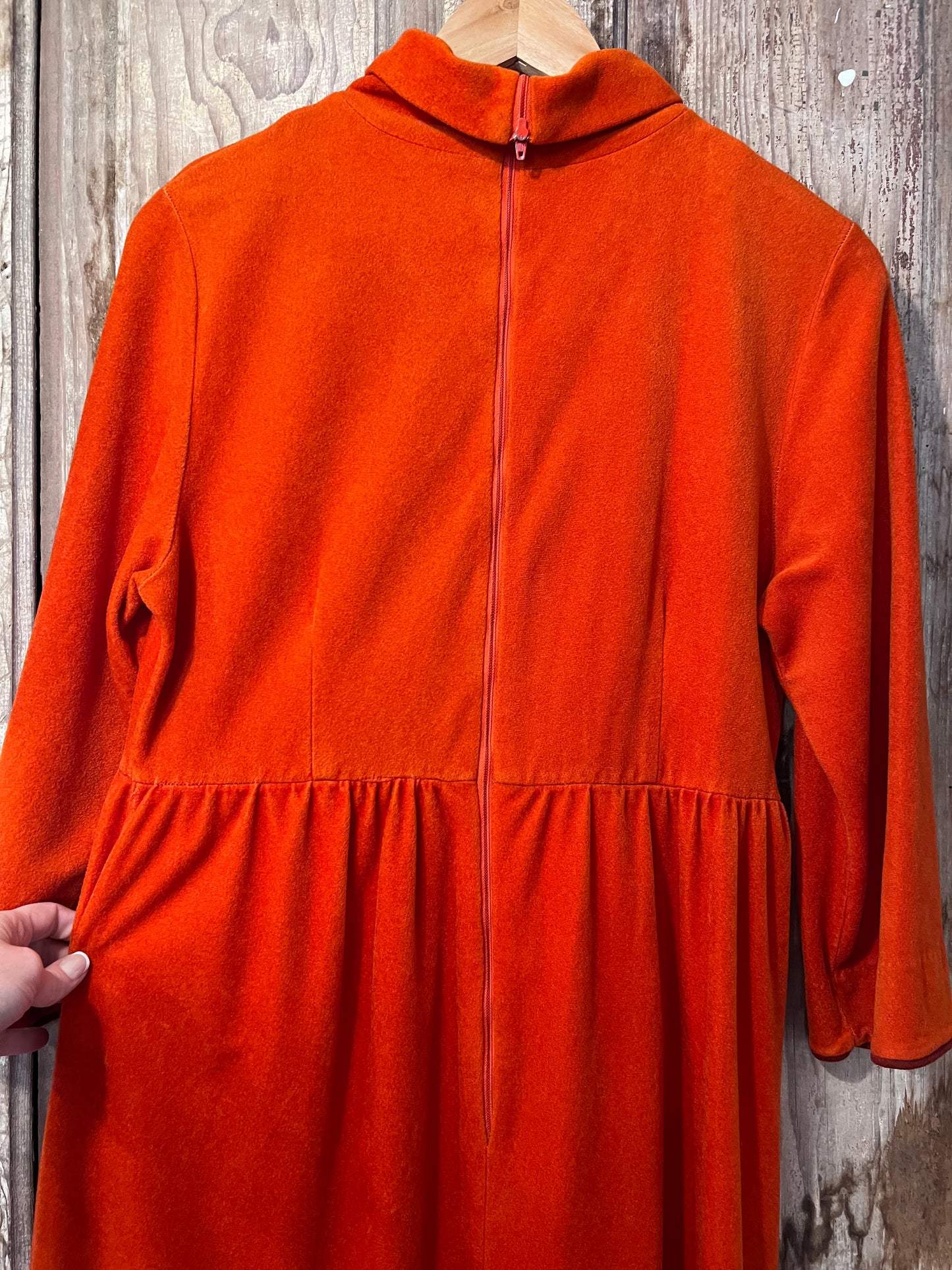70's Orange Embroidered Front Velour Dress
