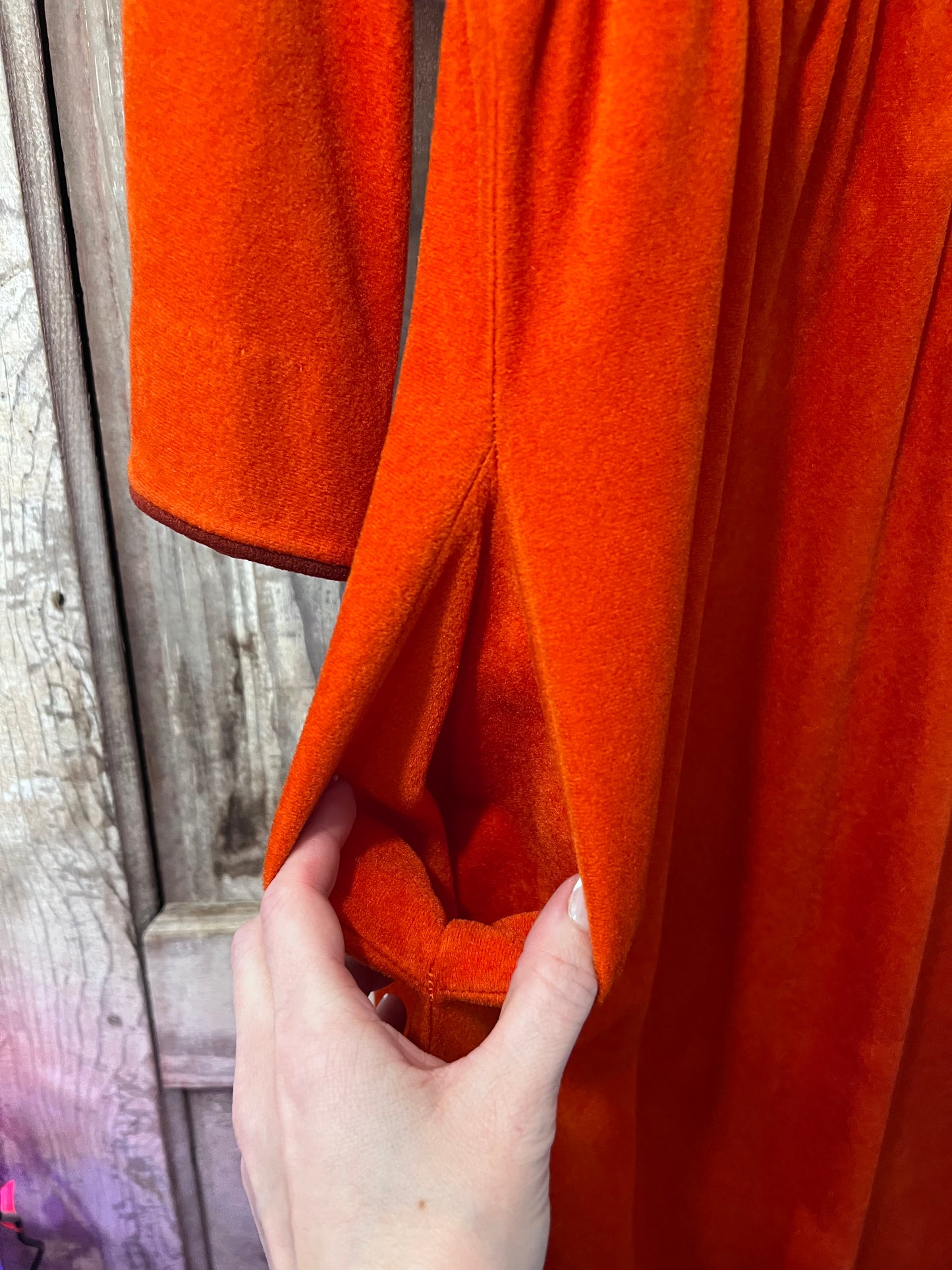 70's Orange Embroidered Front Velour Dress