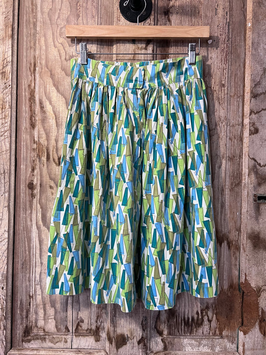 70's Greens + Blue Patterned Midi-Skirt