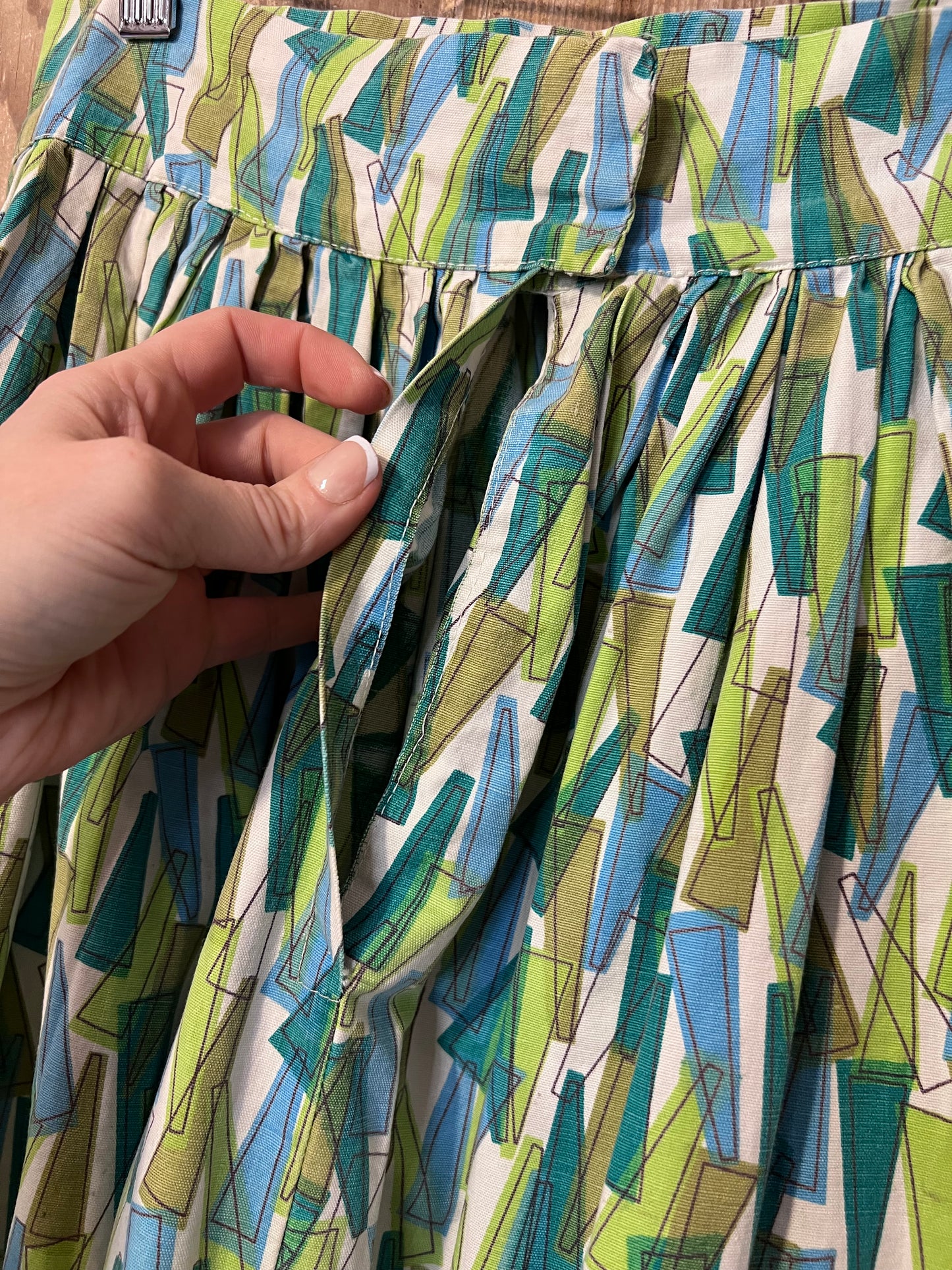 70's Greens + Blue Patterned Midi-Skirt