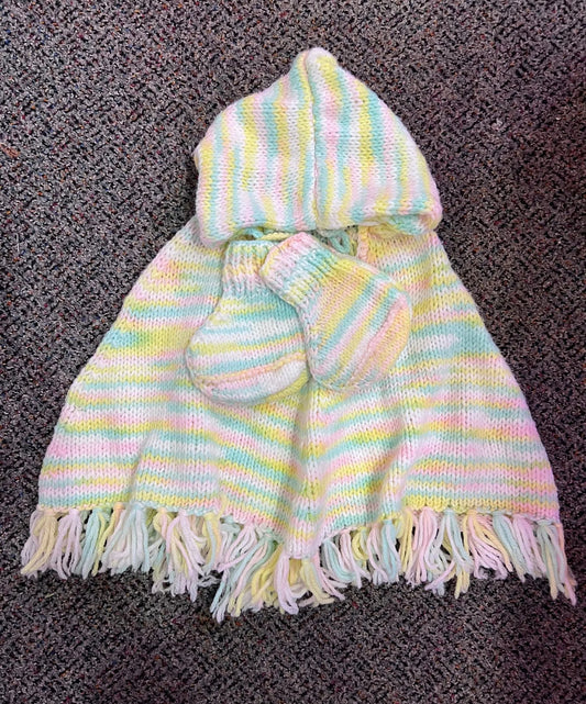 [URL] Handmade Pastel Knit Hooded Poncho + Booties Set