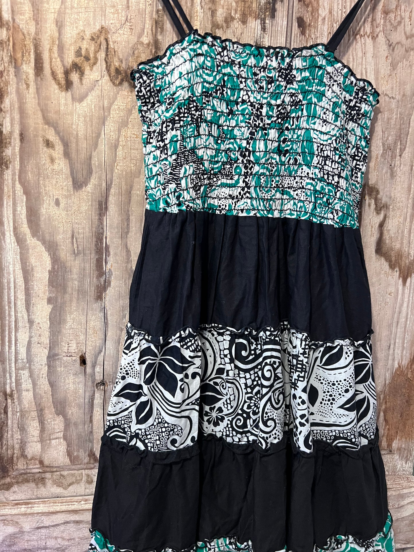 Y2K Day Trip Green/BLK Patterned Tube Top Ruffle Dress