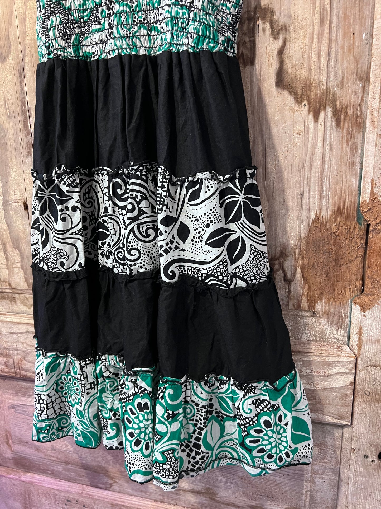 Y2K Day Trip Green/BLK Patterned Tube Top Ruffle Dress
