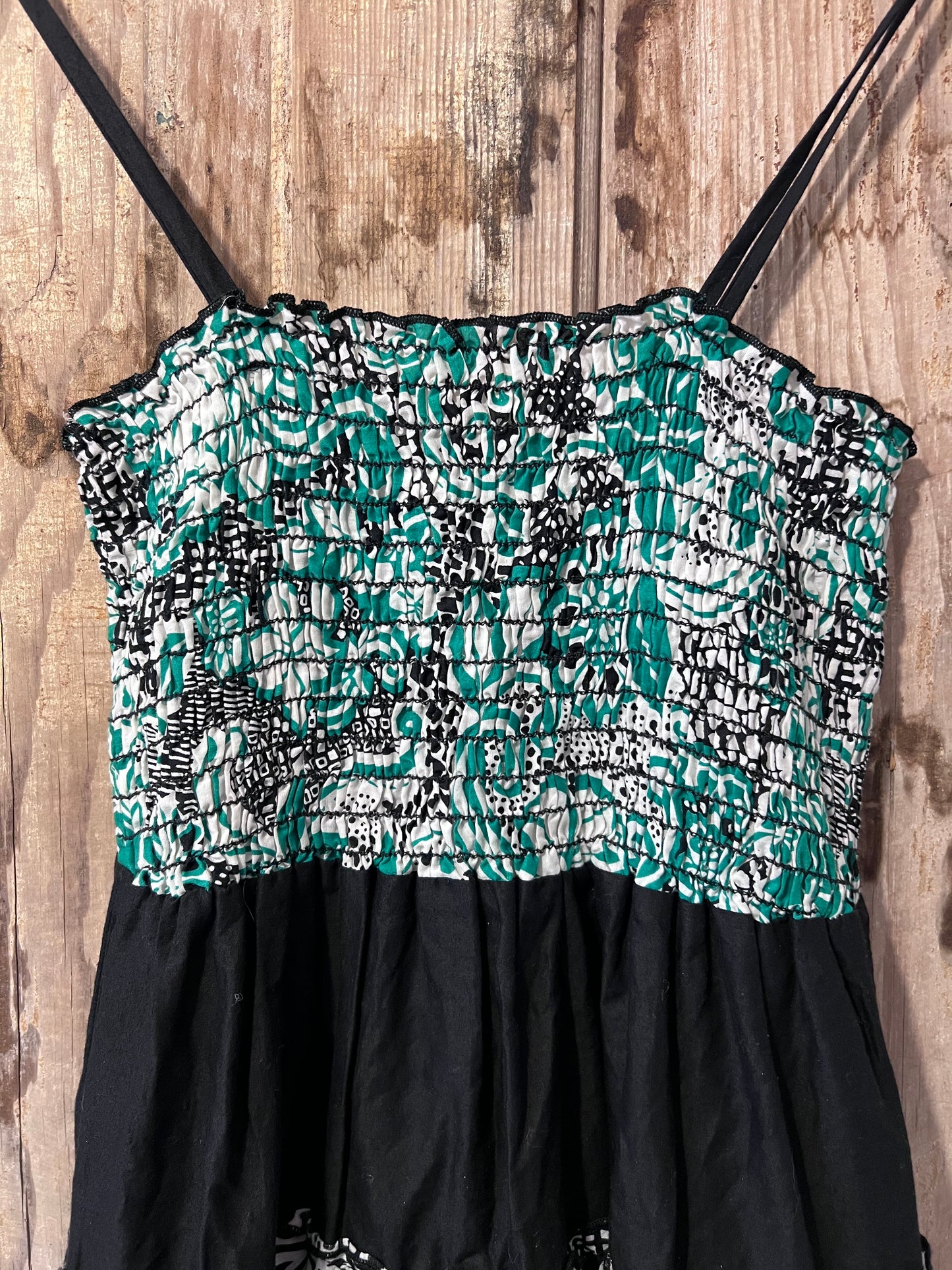 Y2K Day Trip Green/BLK Patterned Tube Top Ruffle Dress
