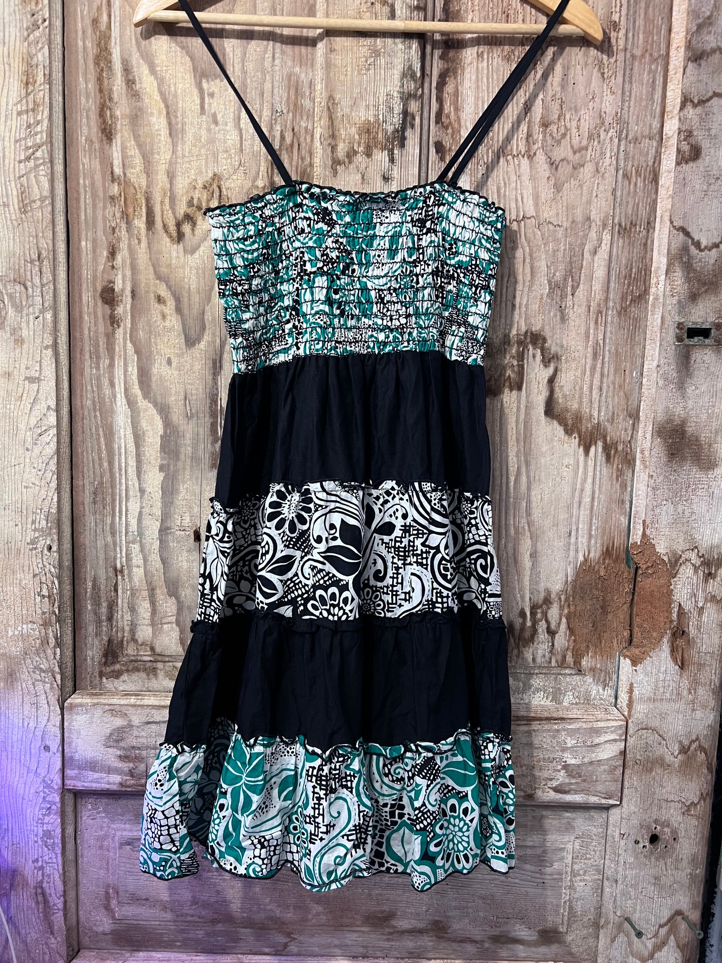 Y2K Day Trip Green/BLK Patterned Tube Top Ruffle Dress