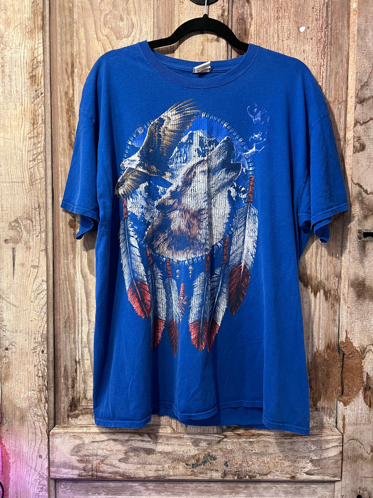 90's Blue Wolf + Feather Graphic T-Shirt