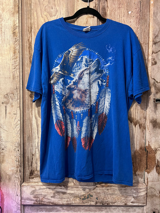 90's Blue Wolf + Feather Graphic T-Shirt