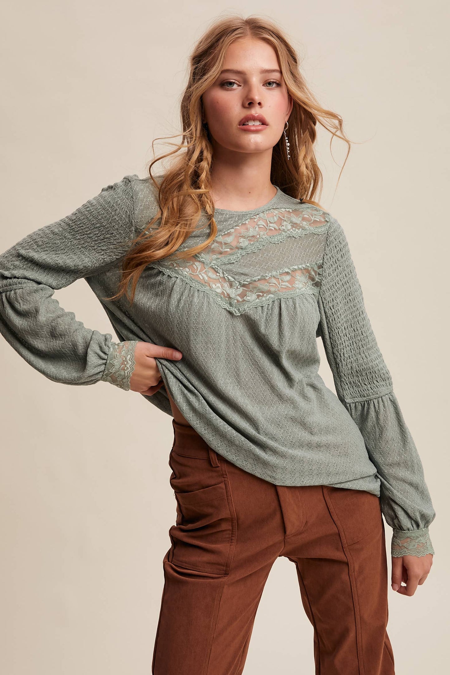 Lace Yoke Textured Knit Blouse