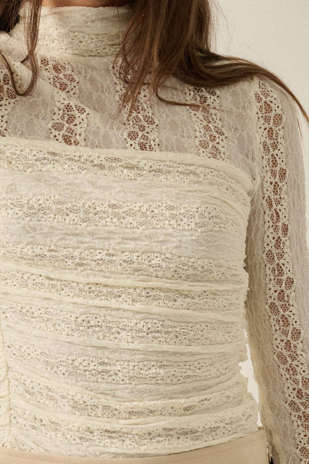 Striped Lace Ruched Mock-Neck Long-Sleeve Bodysuit