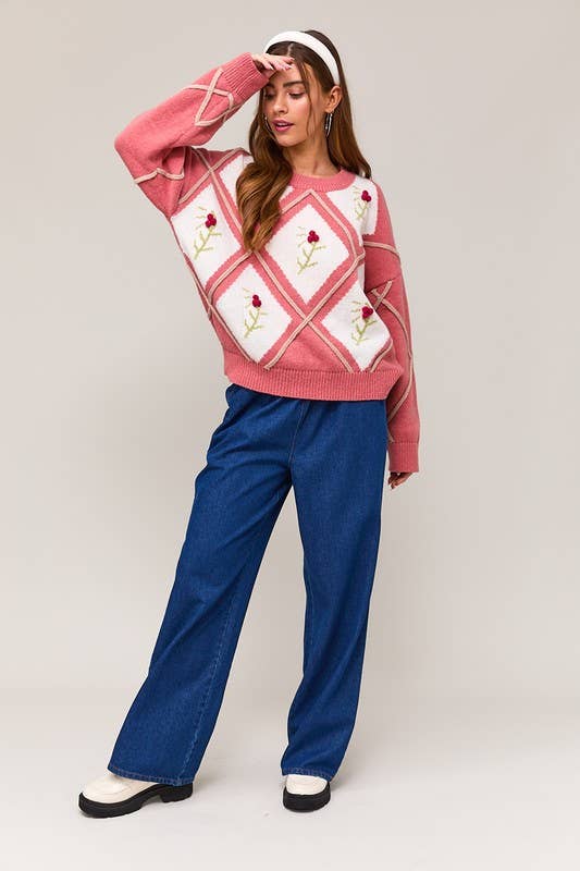 Crew Neck Floral Embroidered Oversized Sweater