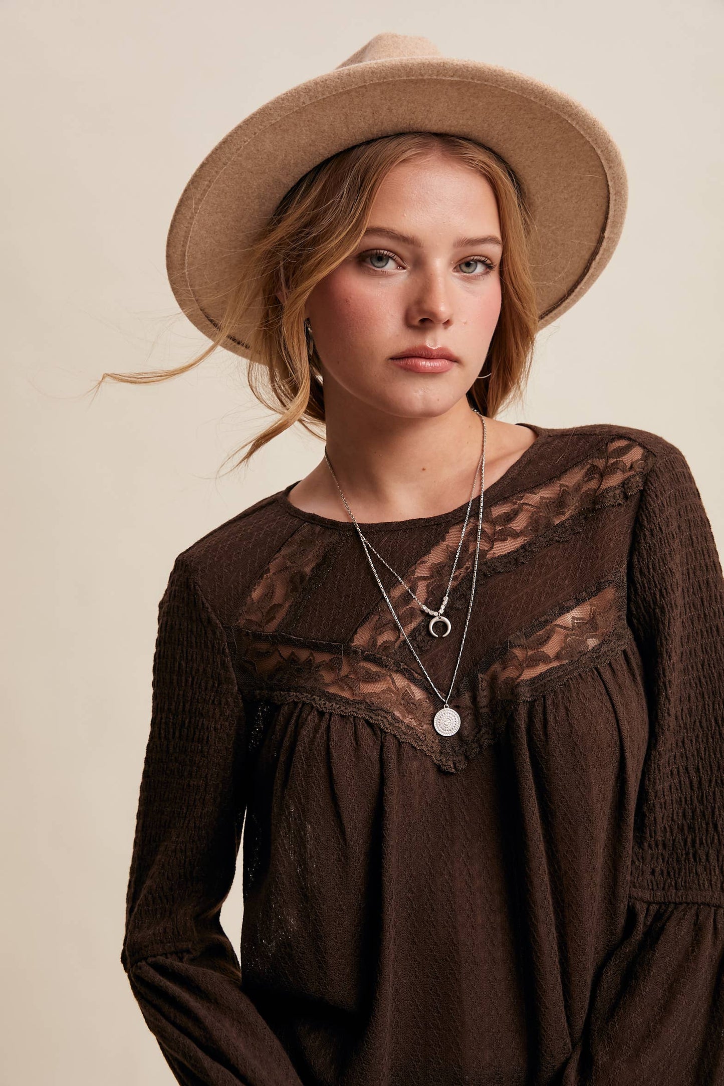 Lace Yoke Textured Knit Blouse