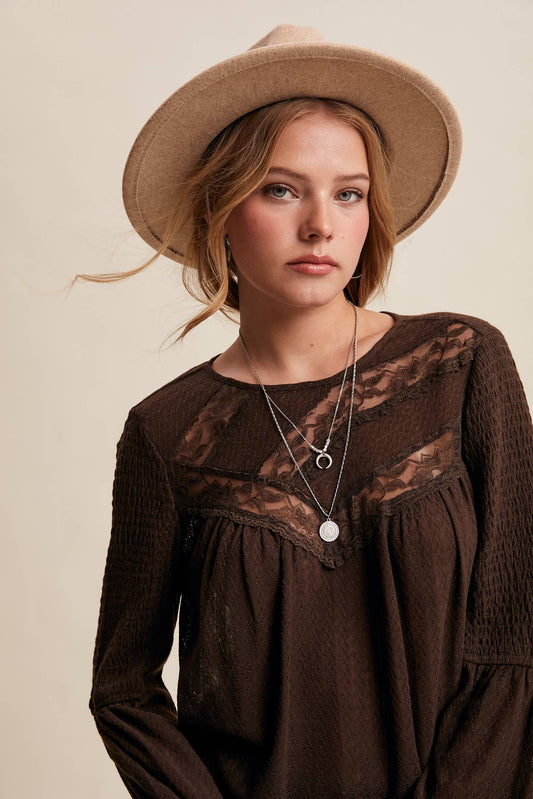 Lace Yoke Textured Knit Blouse