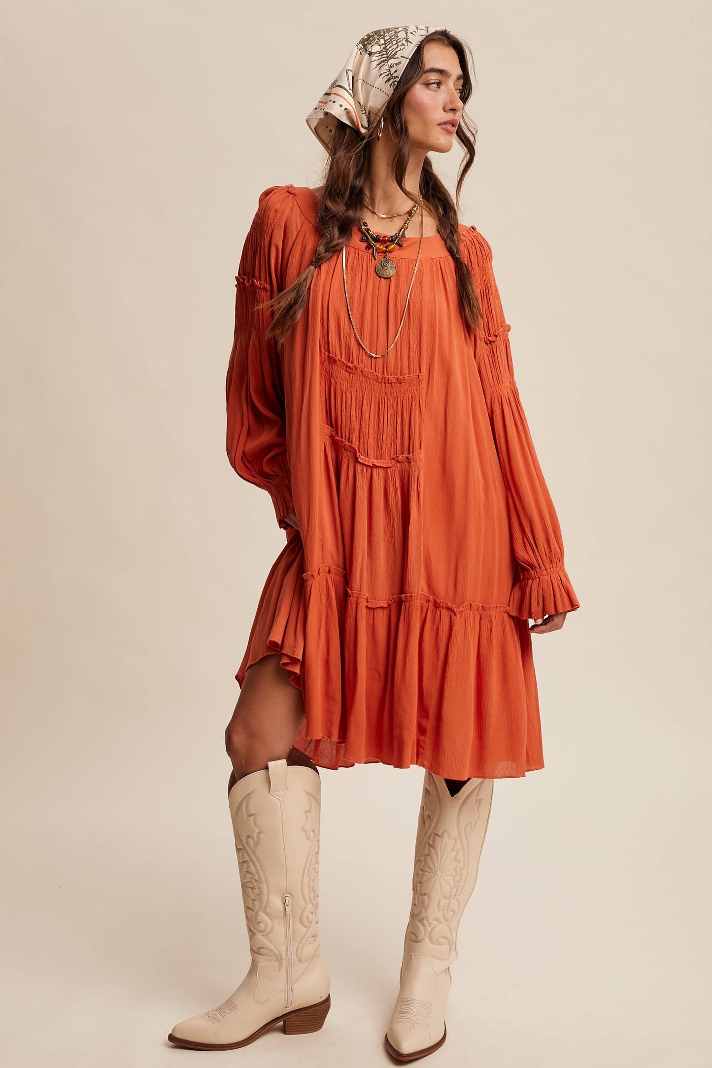 Smocked Tiered Long Sleeve Dress