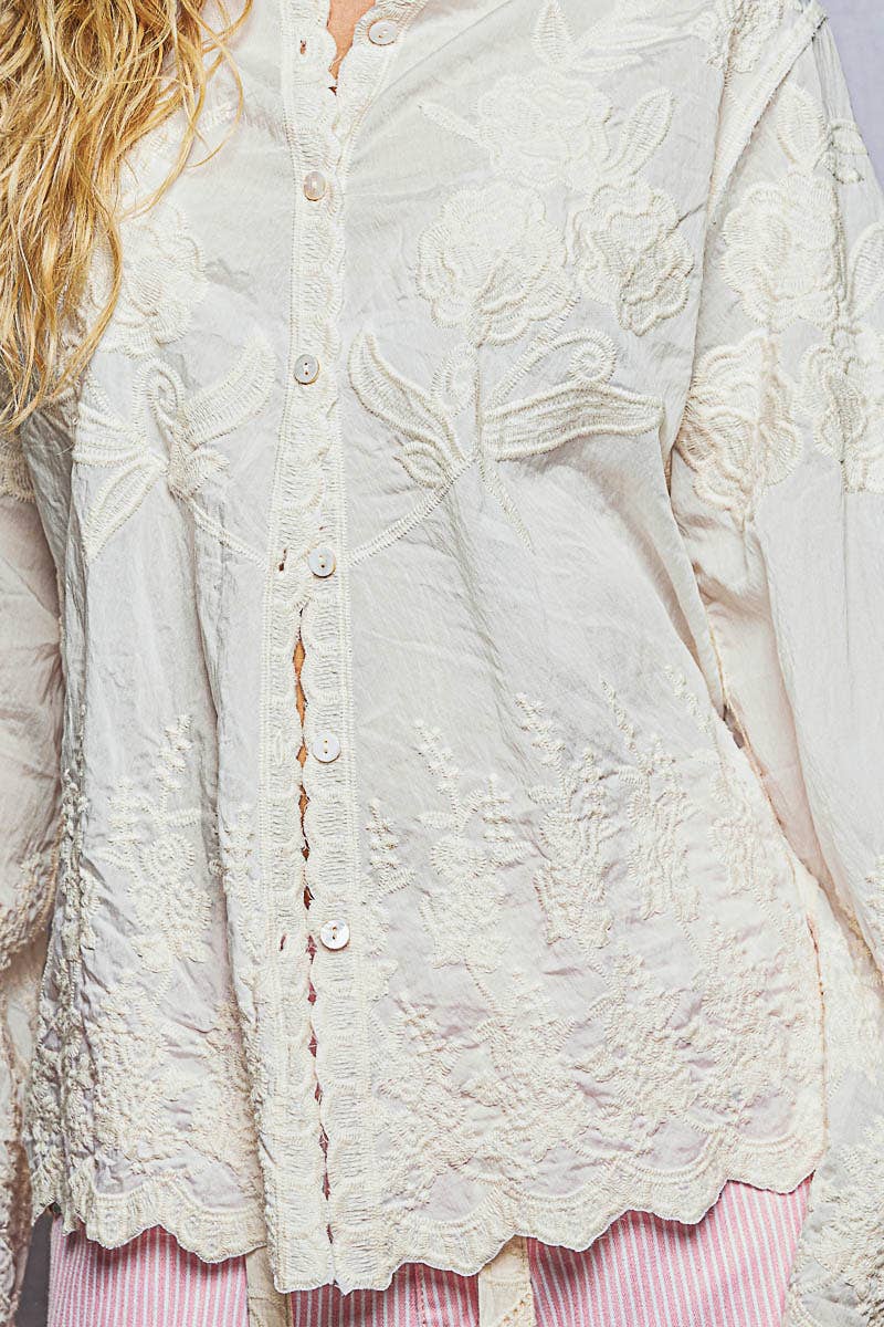 Long Sleeve Embroidered Scalloped Edge Top