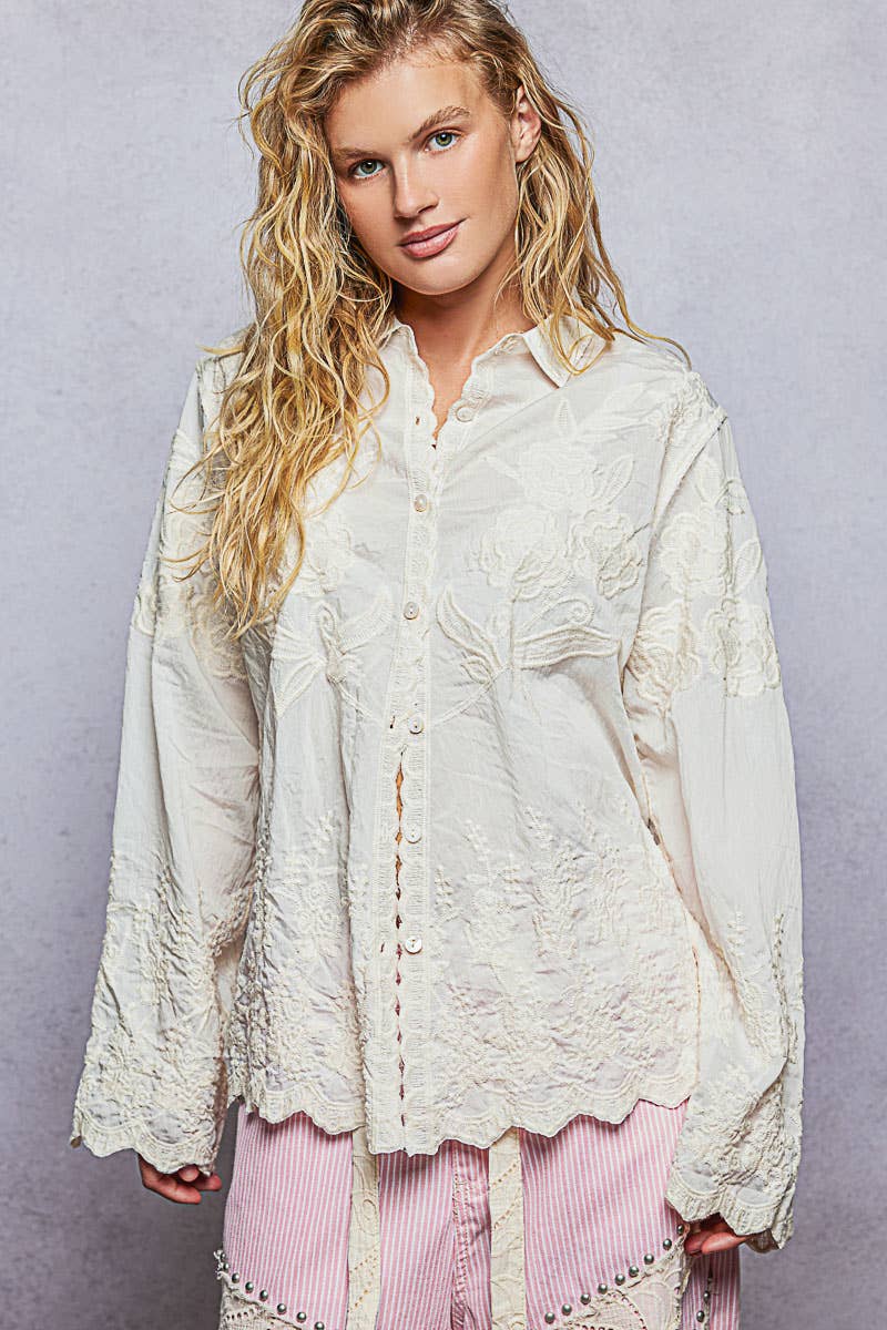 Long Sleeve Embroidered Scalloped Edge Top