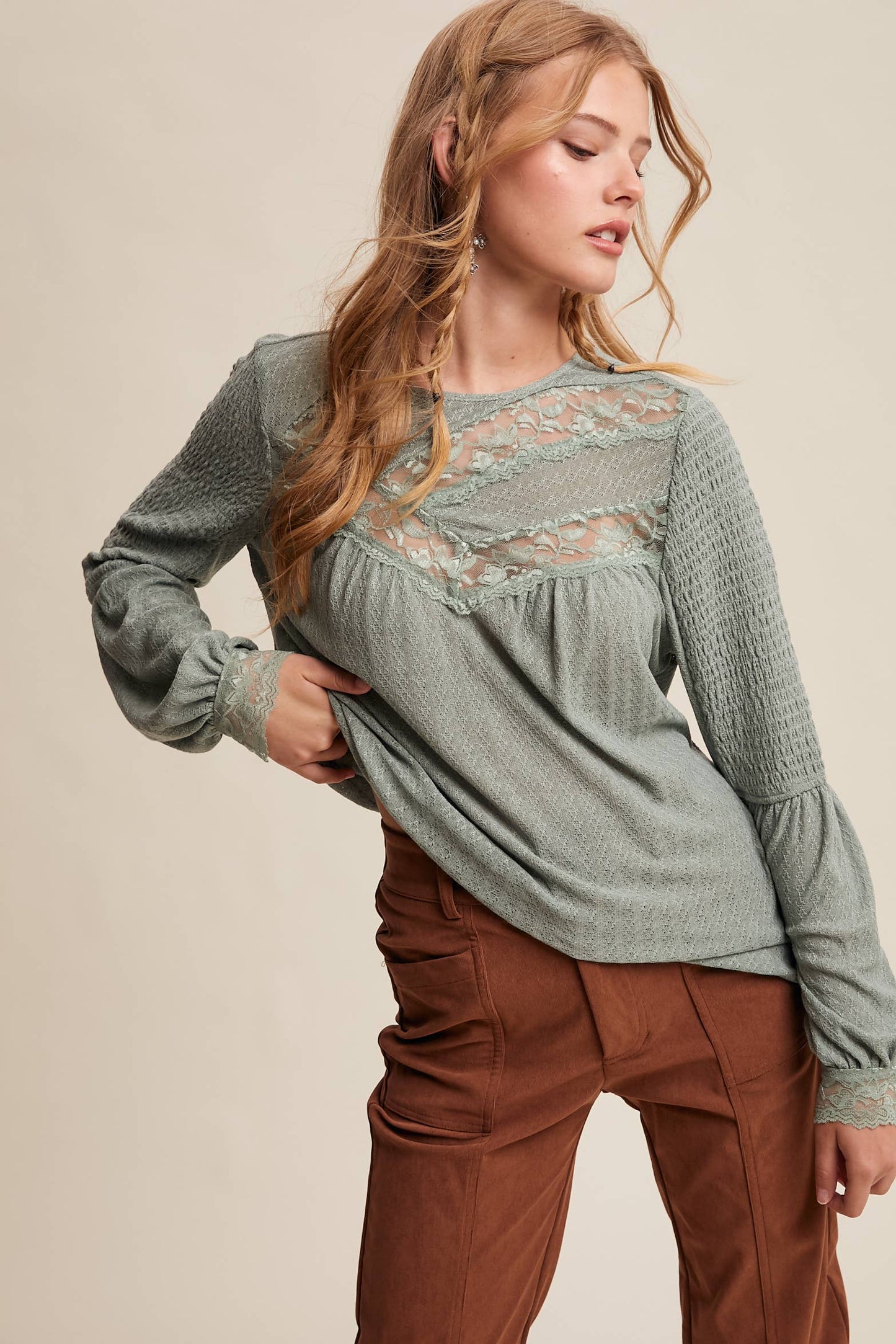 Lace Yoke Textured Knit Blouse