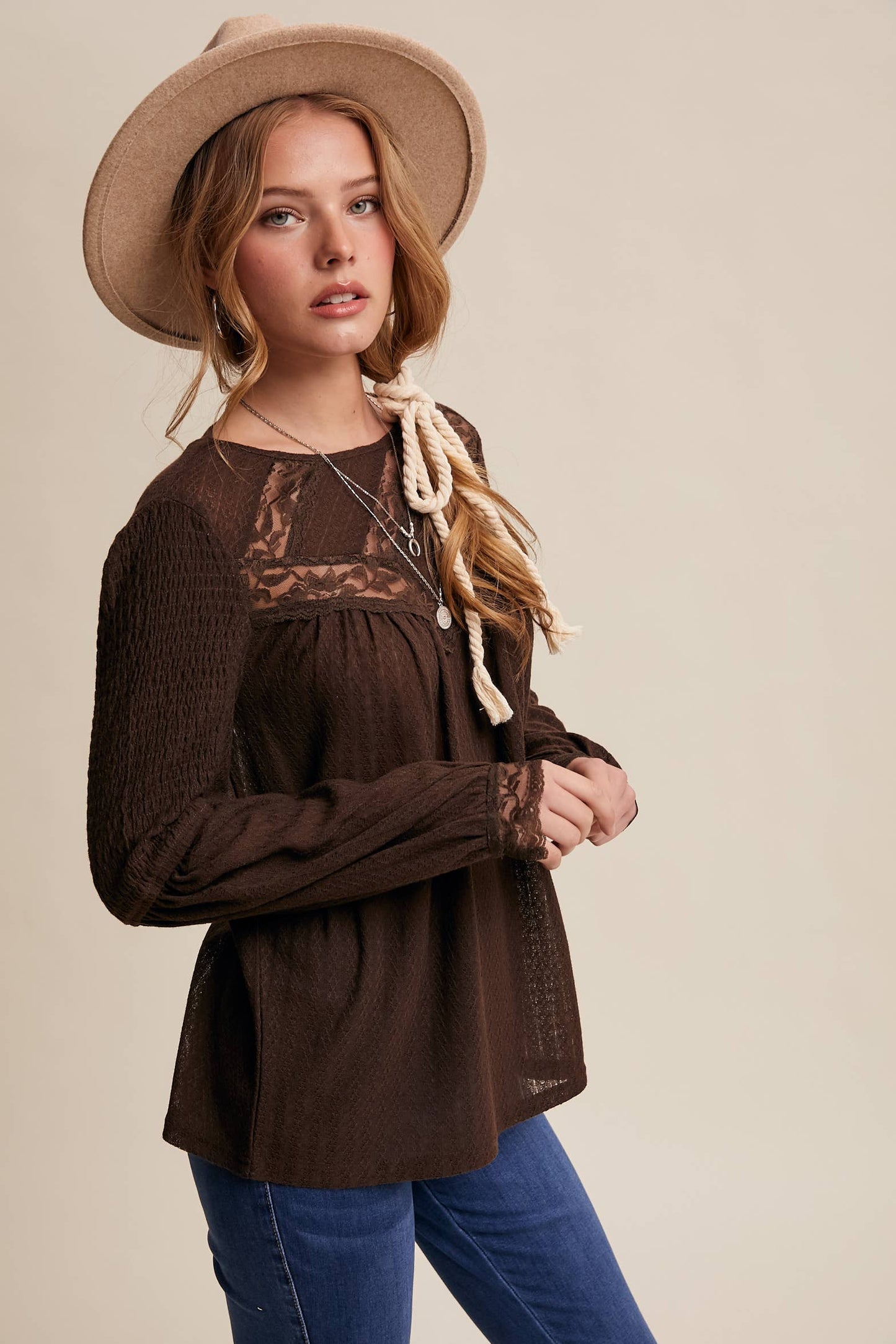 Lace Yoke Textured Knit Blouse