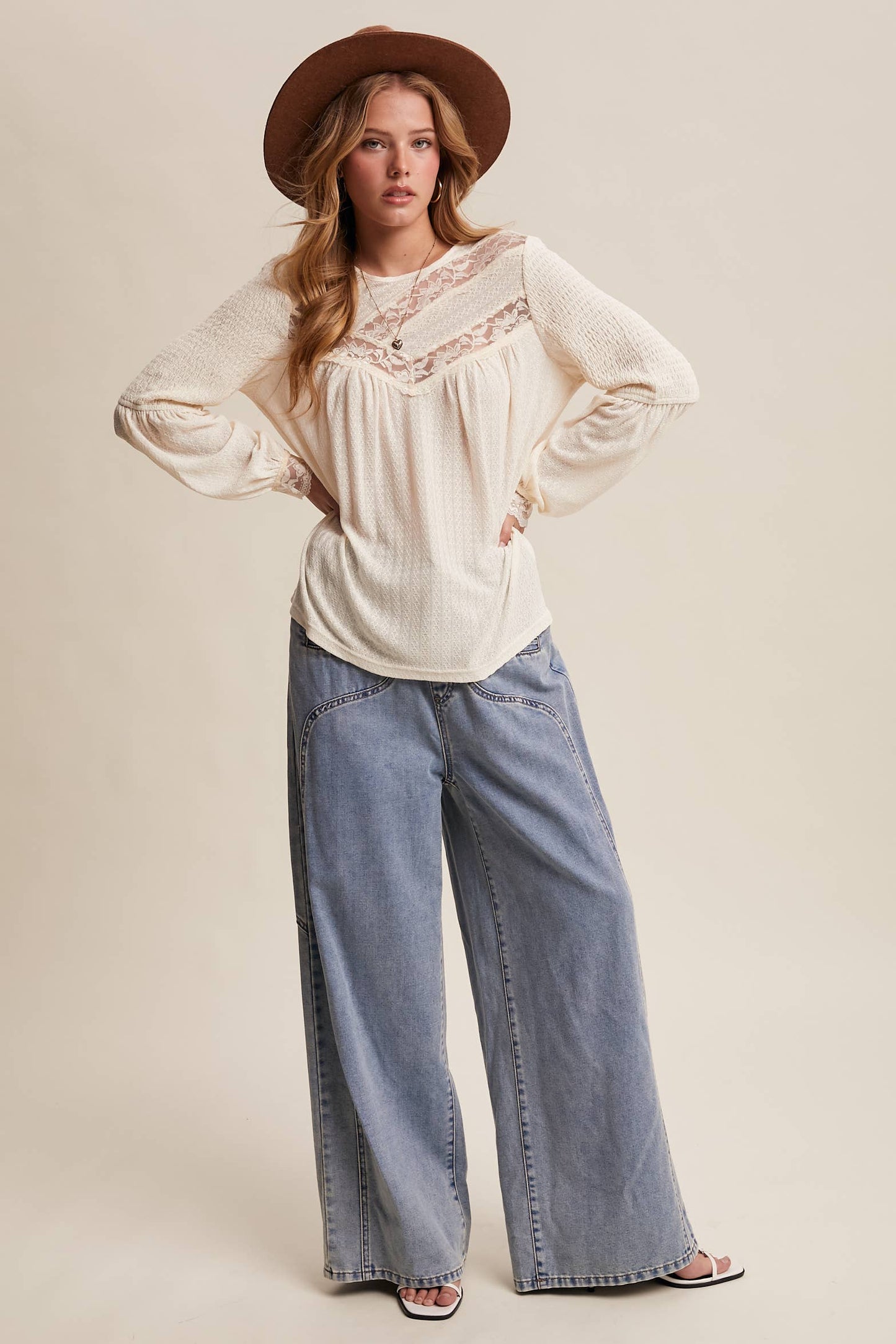 Lace Yoke Textured Knit Blouse