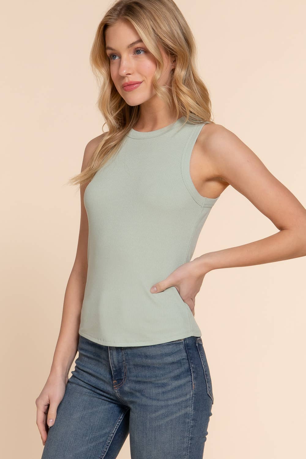 Sleeveless Crew Neck Rib Knit Top