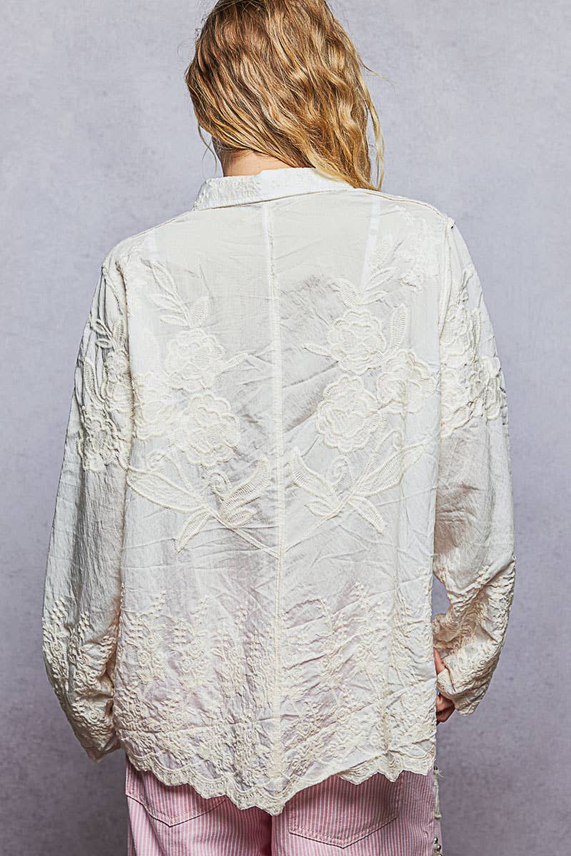 Long Sleeve Embroidered Scalloped Edge Top