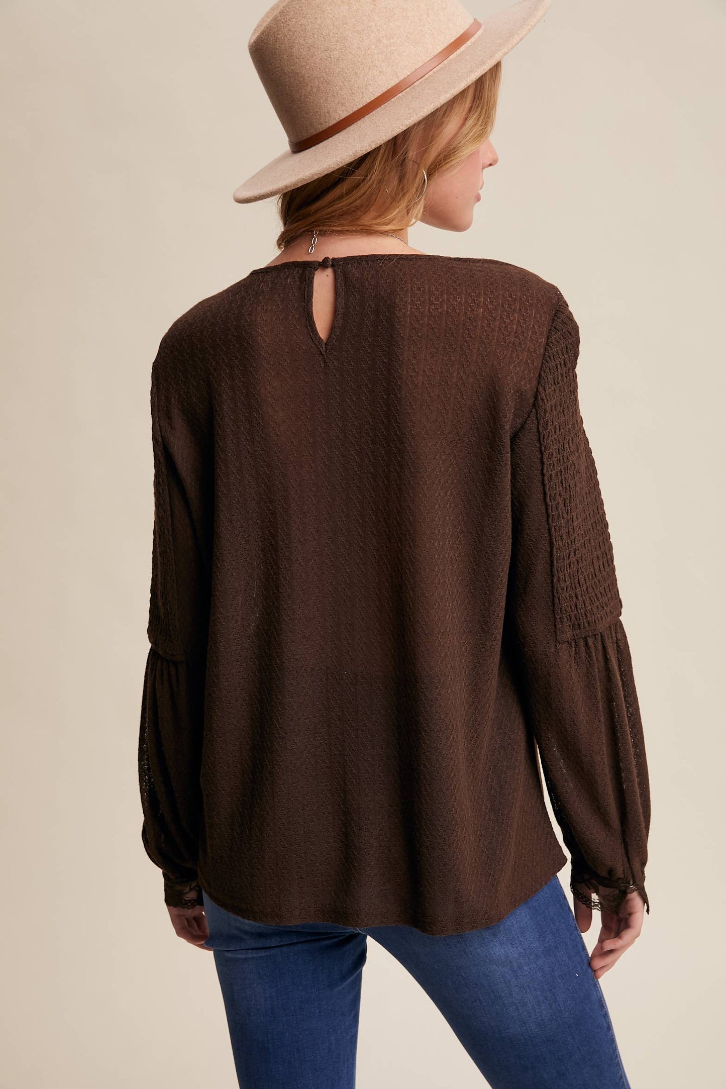 Lace Yoke Textured Knit Blouse