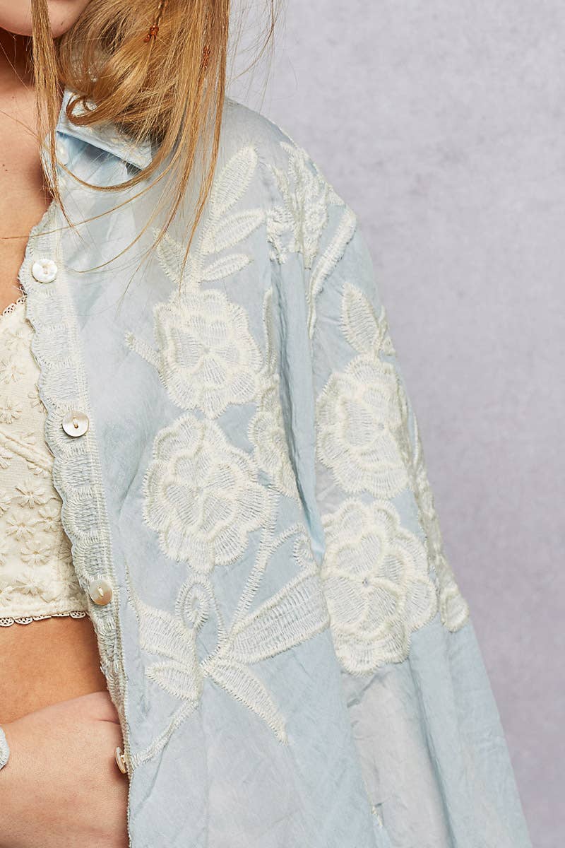 Long Sleeve Embroidered Scalloped Edge Top