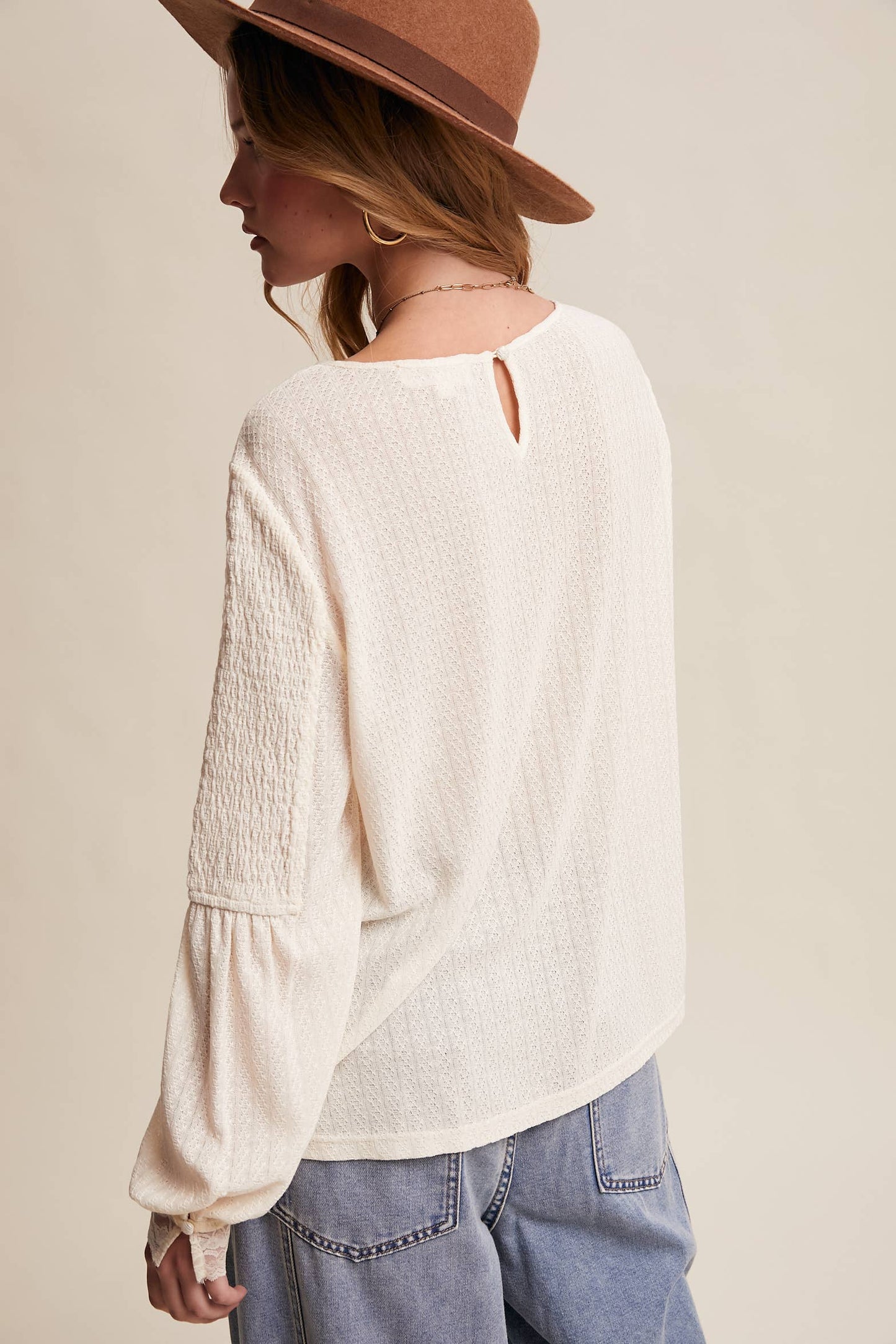 Lace Yoke Textured Knit Blouse