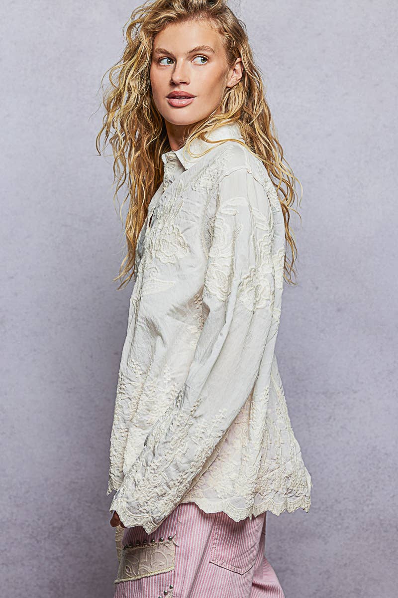Long Sleeve Embroidered Scalloped Edge Top