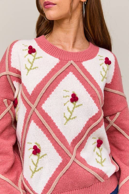 Crew Neck Floral Embroidered Oversized Sweater