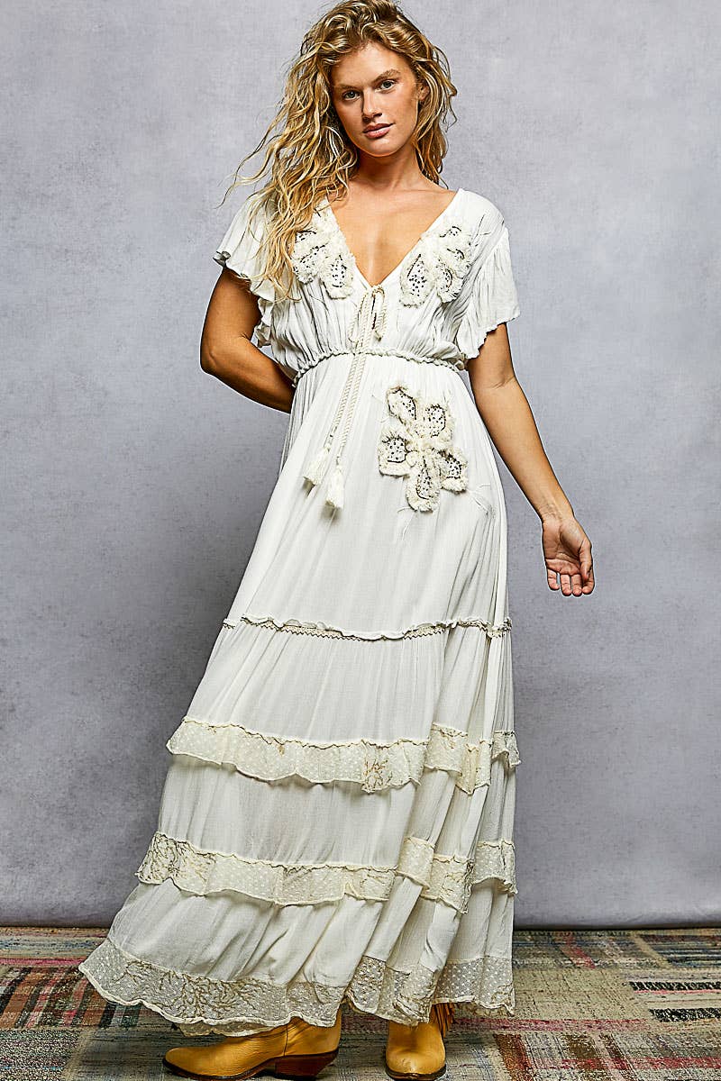 Ruffle V-neck Embroidery Long Dress